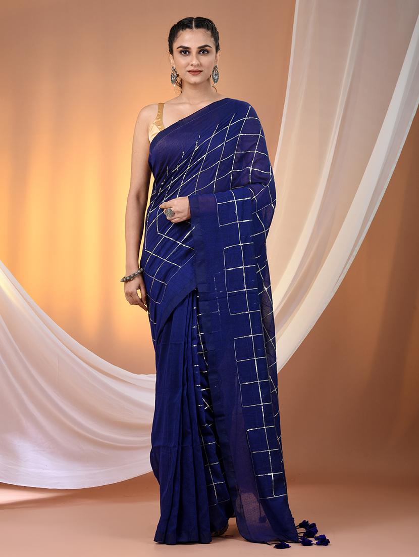 women checkered handloom saree with blouse - 21905583 - Zoom Image - 0