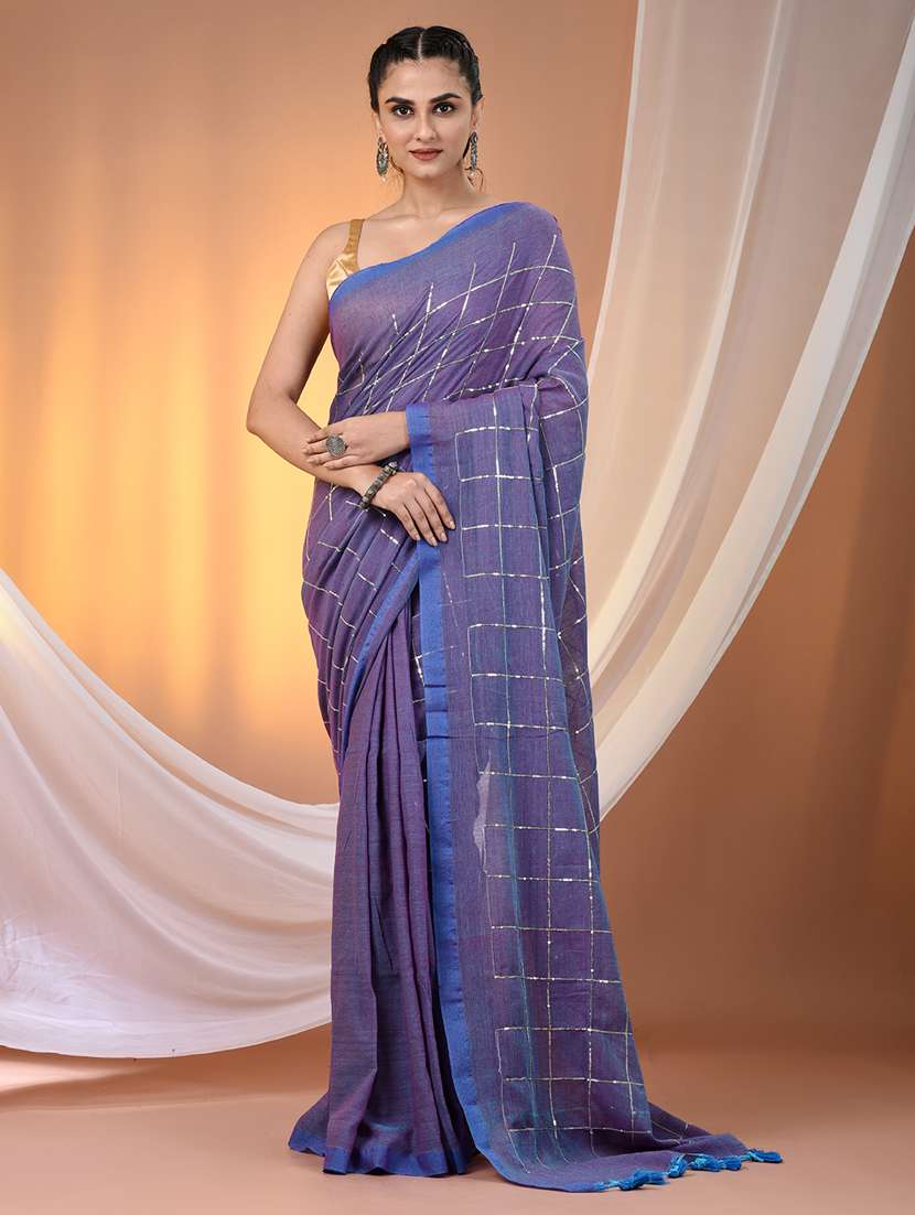women checkered handloom saree with blouse