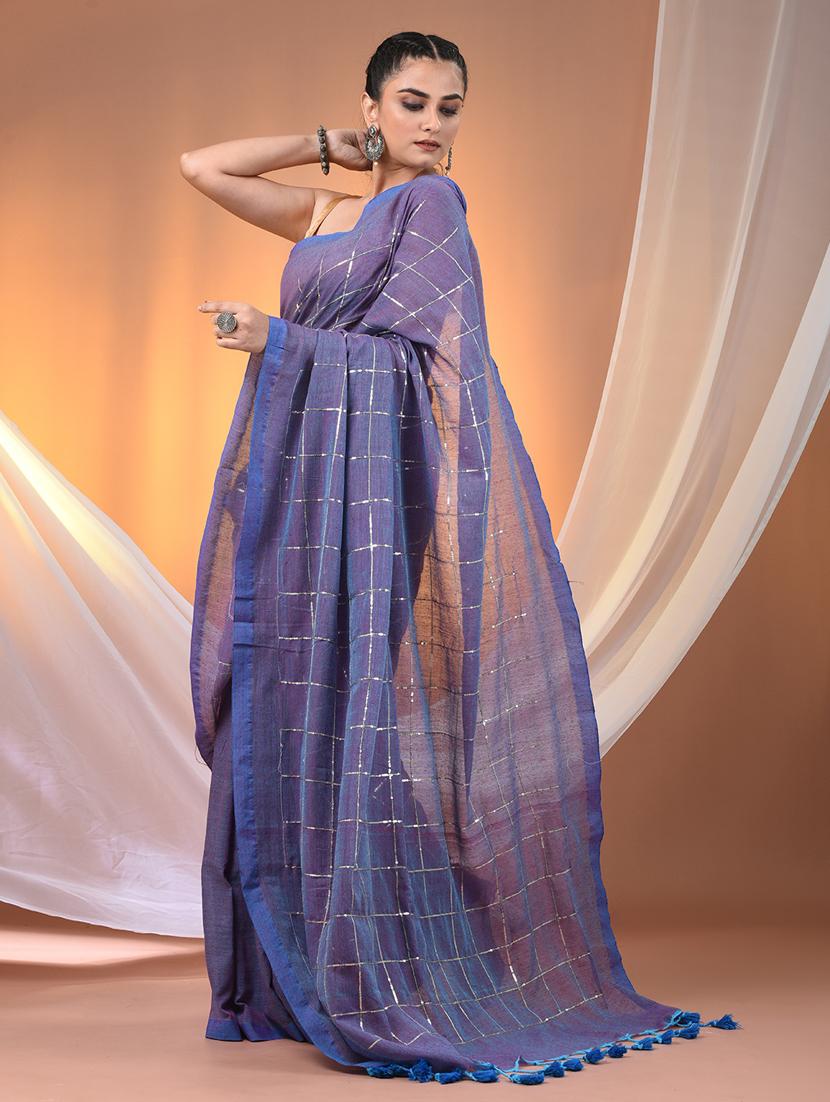 women checkered handloom saree with blouse - 21905585 -  Standard Image - 1