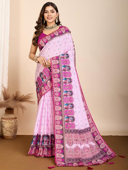 women pink printed saree with blouse - 21905786 -  Standard Image - 0