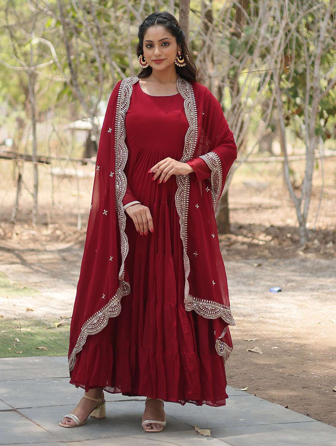 women solid long sleeve anarkali kurta with dupatta set - 21906037 -  Zoom Image - 0