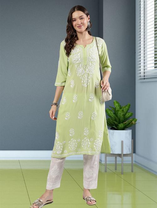 women three quarter sleeve straight chikankari kurta - 21906067 -  Standard Image - 0