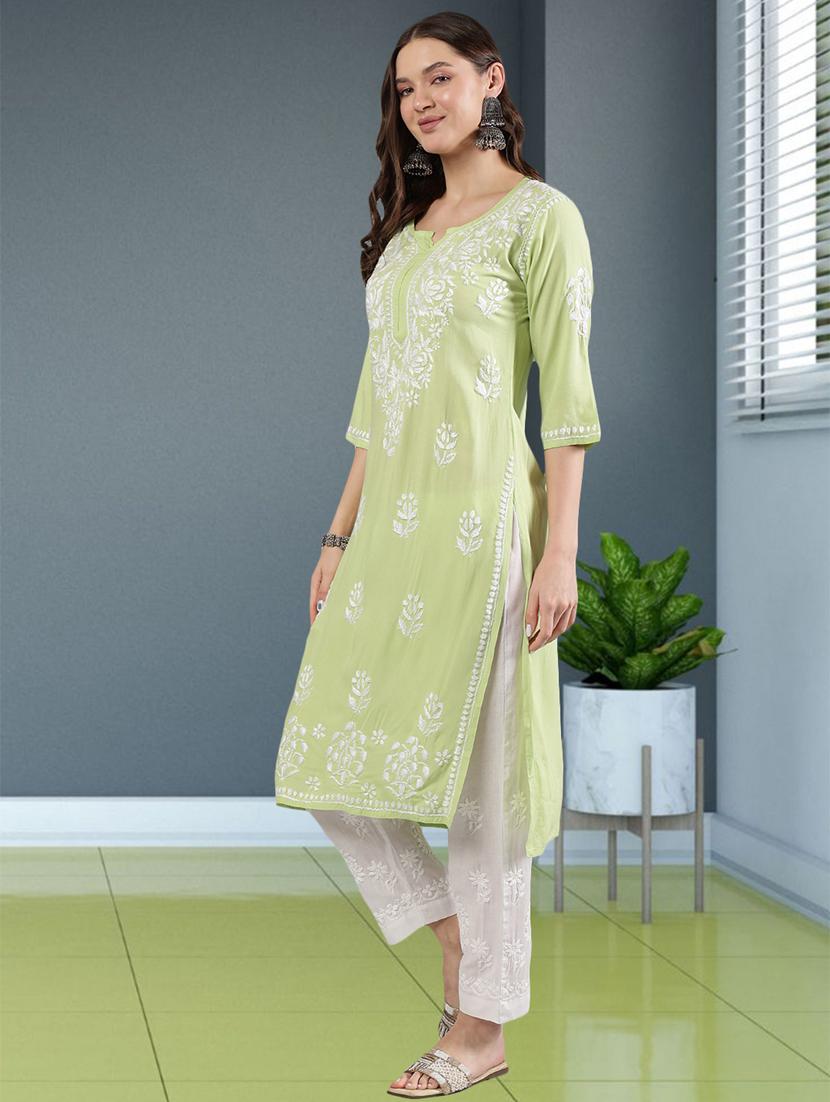 women three quarter sleeve straight chikankari kurta - 21906067 - Standard Image - 1