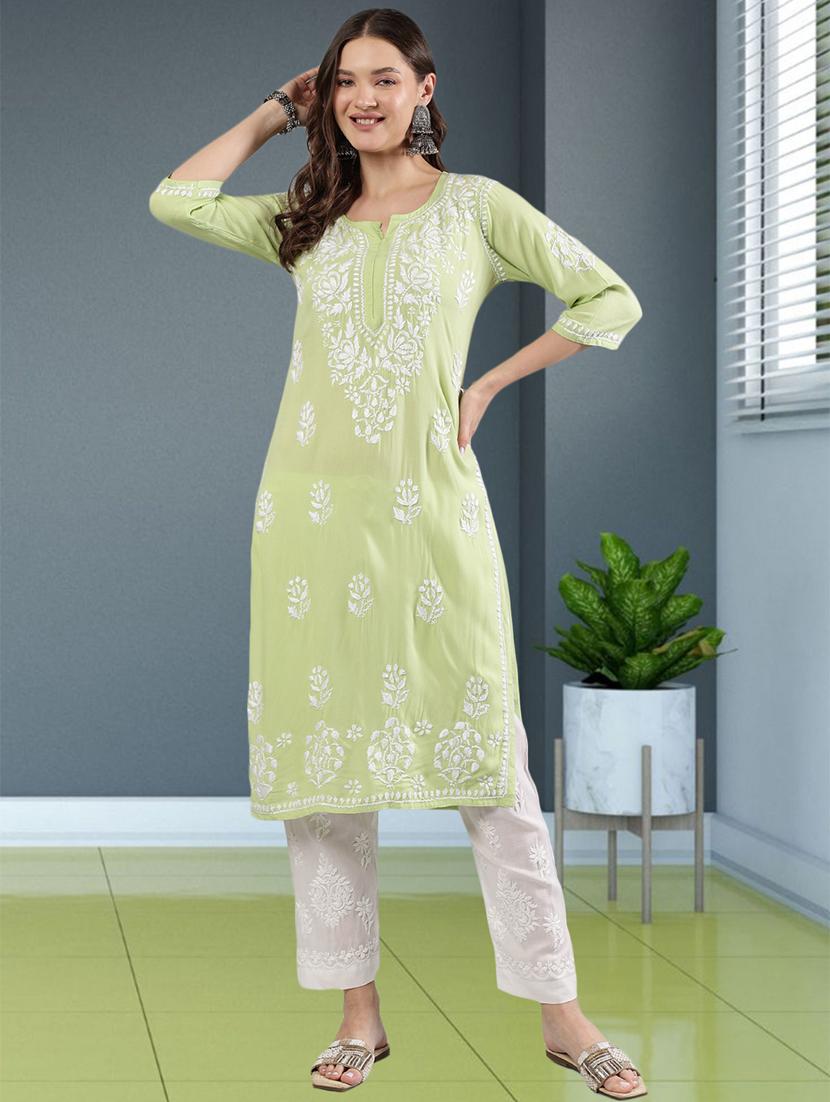 women three quarter sleeve straight chikankari kurta - 21906067 - Standard Image - 4