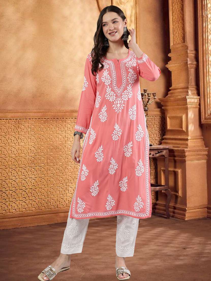 women three quarter sleeve straight chikankari kurta