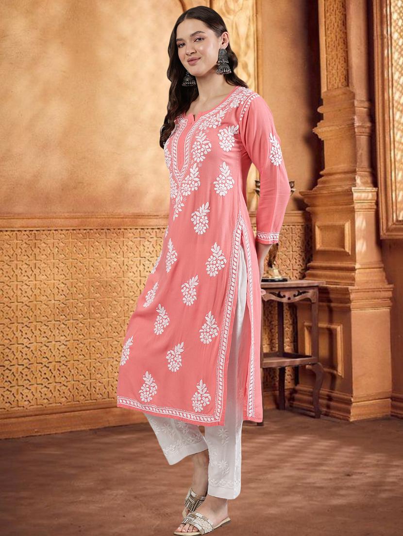 women three quarter sleeve straight chikankari kurta - 21906069 - Standard Image - 1