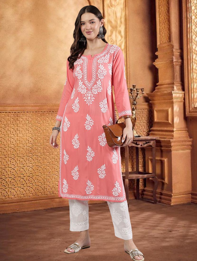 women three quarter sleeve straight chikankari kurta - 21906069 - Standard Image - 4