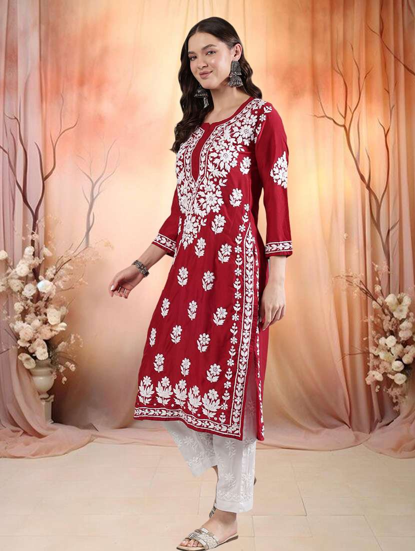 women three quarter sleeve straight chikankari kurta - 21906072 -  Standard Image - 1