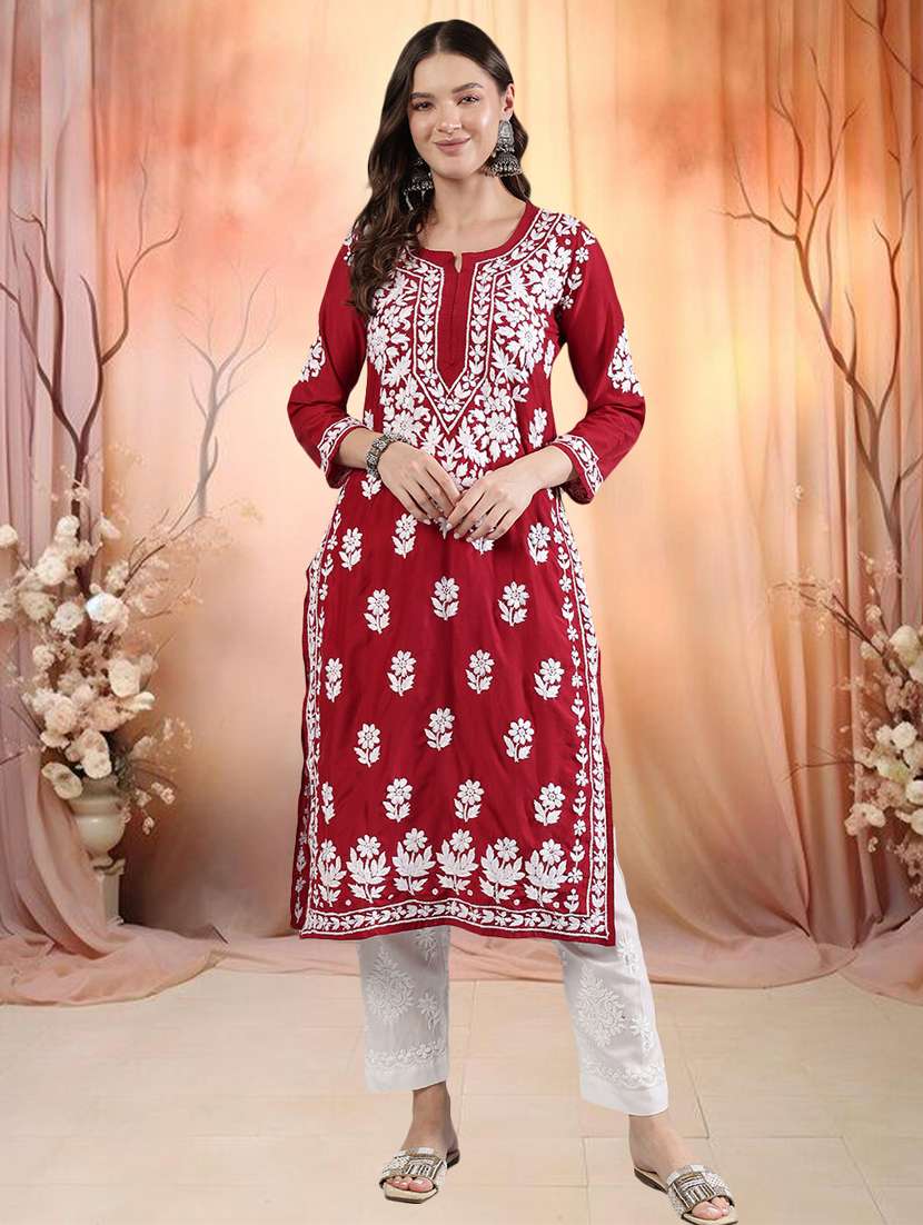 women three quarter sleeve straight chikankari kurta - 21906072 -  Standard Image - 4