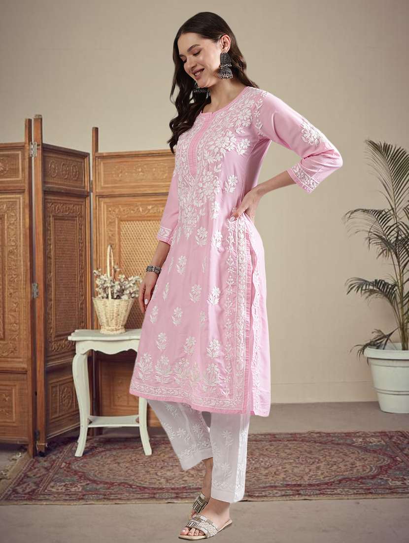 women three quarter sleeve straight chikankari kurta - 21906073 -  Standard Image - 1