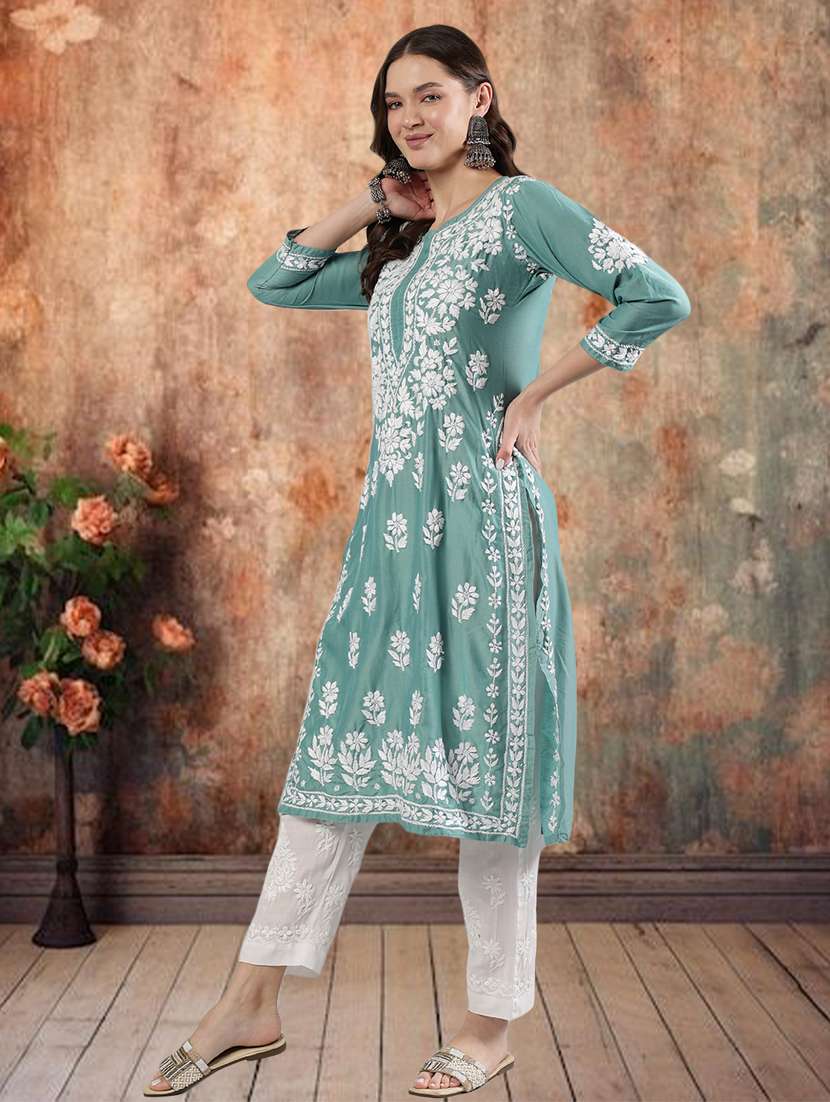 women three quarter sleeve straight chikankari kurta - 21906074 -  Standard Image - 1