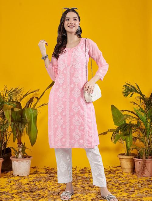 women three quarter sleeve straight chikankari kurta - 21906075 - Standard Image - 0
