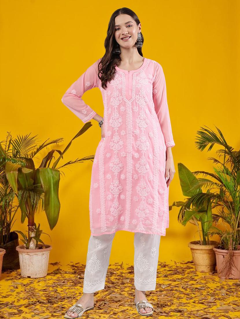 women three quarter sleeve straight chikankari kurta - 21906075 - Standard Image - 1