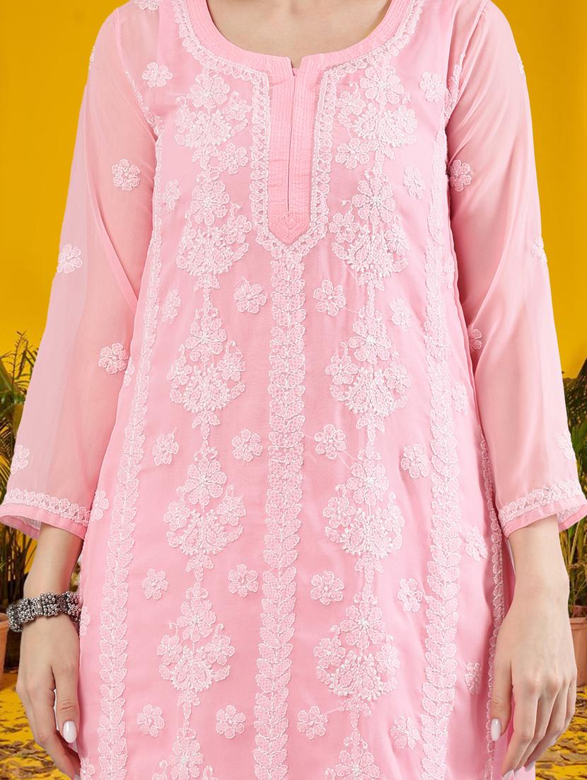 women three quarter sleeve straight chikankari kurta - 21906075 - Standard Image - 6