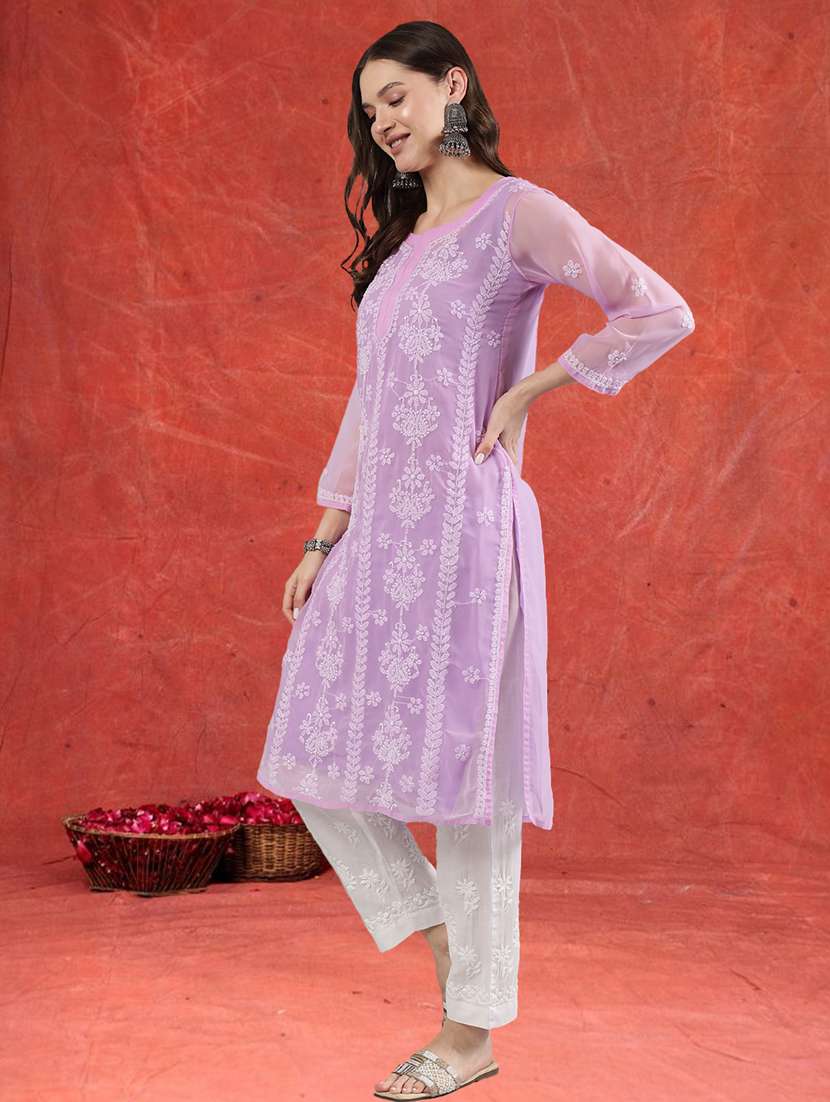 women three quarter sleeve straight chikankari kurta - 21906076 -  Standard Image - 1