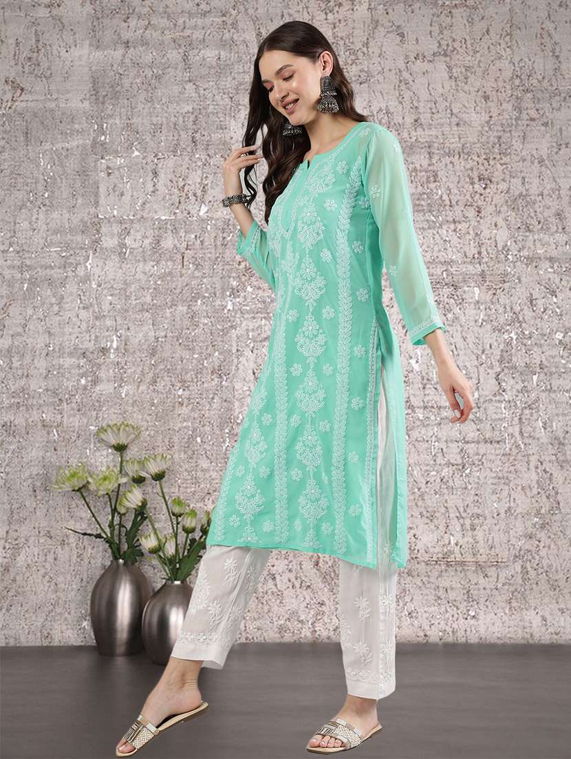 women three quarter sleeve straight chikankari kurta - 21906077 -  Standard Image - 1