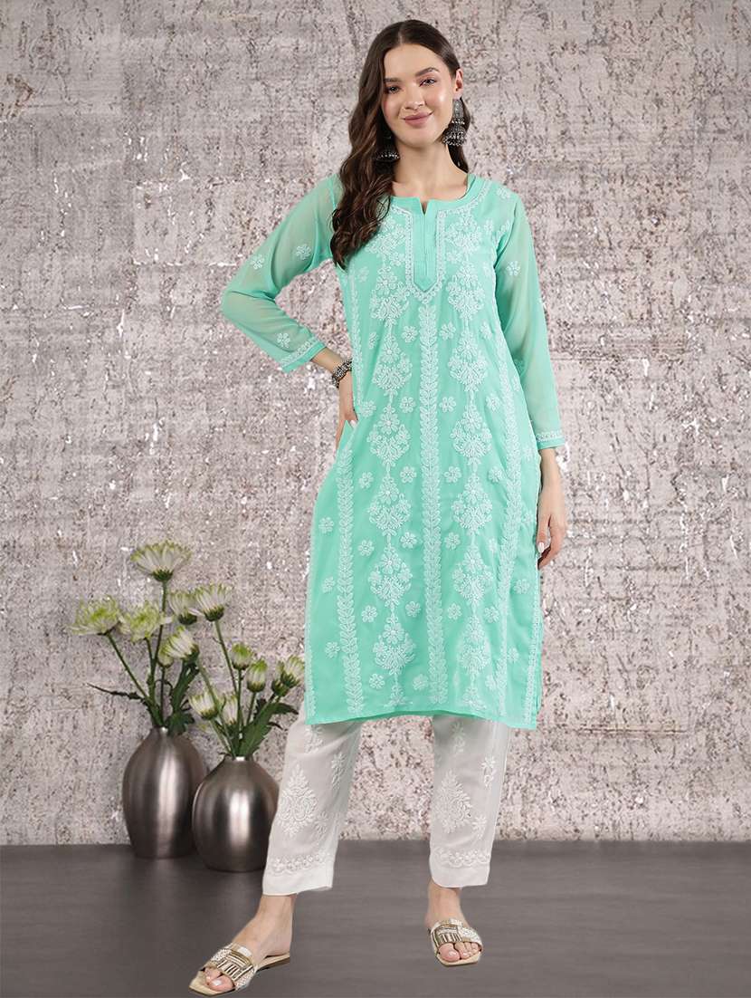 women three quarter sleeve straight chikankari kurta - 21906077 -  Standard Image - 4
