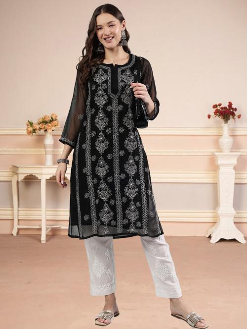 women three quarter sleeve straight chikankari kurta - 21906079 -  Standard Image - 0