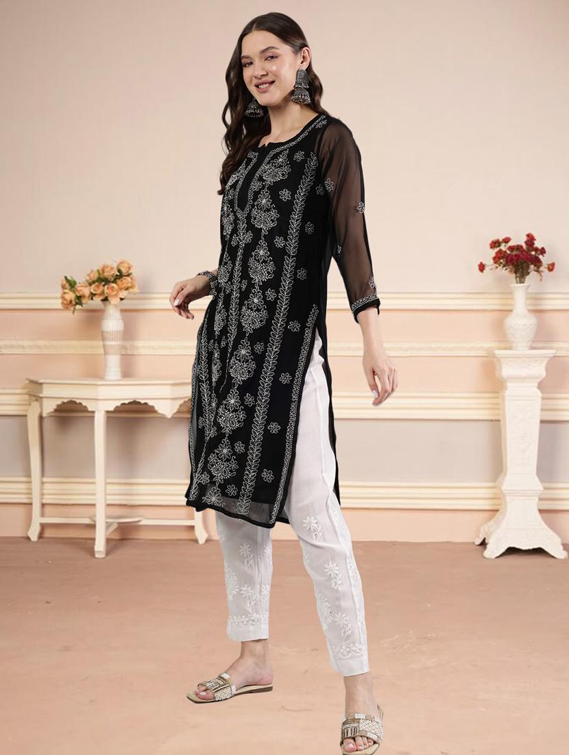 women three quarter sleeve straight chikankari kurta - 21906079 -  Standard Image - 1