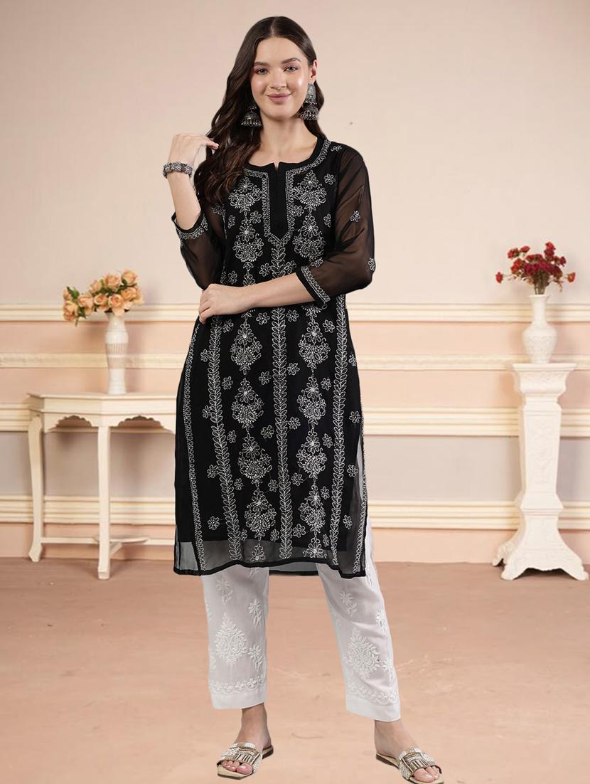 women three quarter sleeve straight chikankari kurta - 21906079 - Standard Image - 4