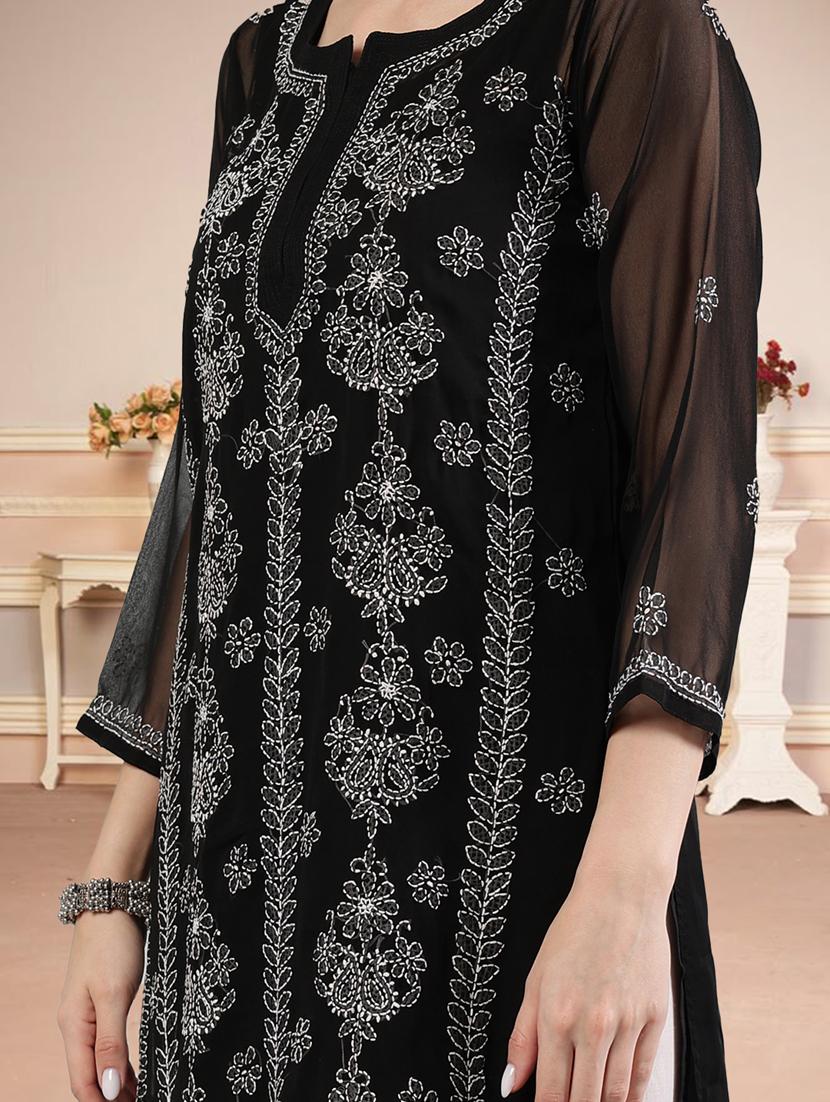 women three quarter sleeve straight chikankari kurta - 21906079 - Standard Image - 6