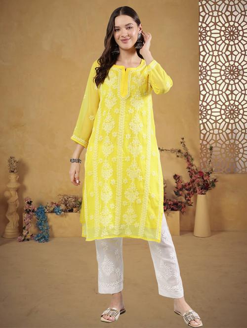 women three quarter sleeve straight chikankari kurta - 21906080 -  Standard Image - 0