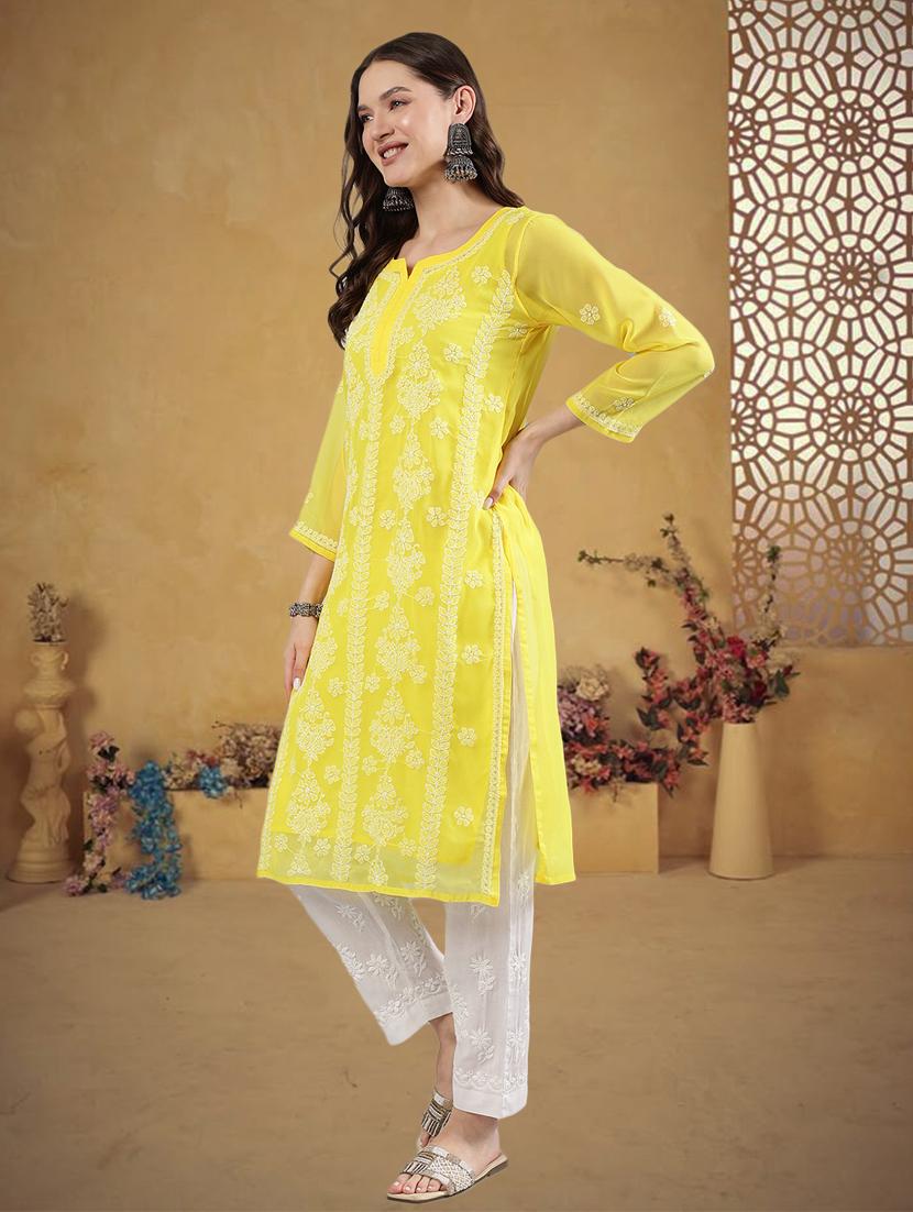 women three quarter sleeve straight chikankari kurta - 21906080 - Standard Image - 1