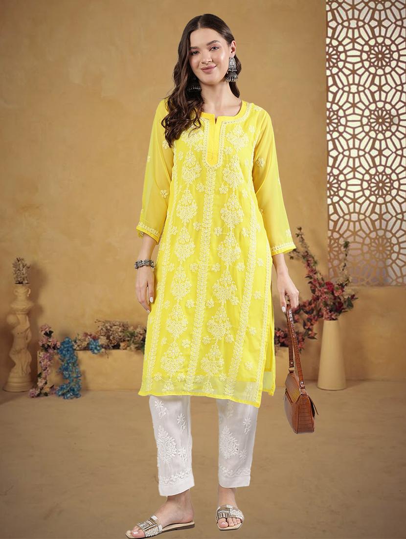 women three quarter sleeve straight chikankari kurta - 21906080 - Standard Image - 4