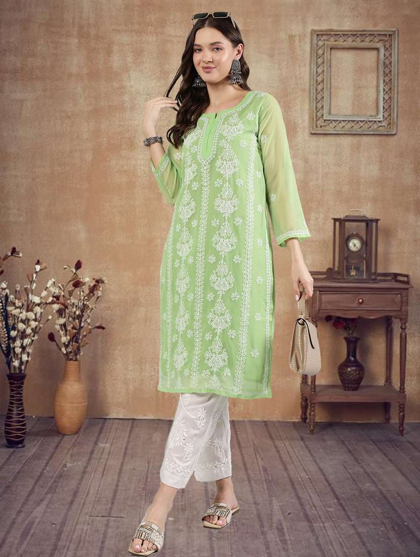 women three quarter sleeve straight chikankari kurta