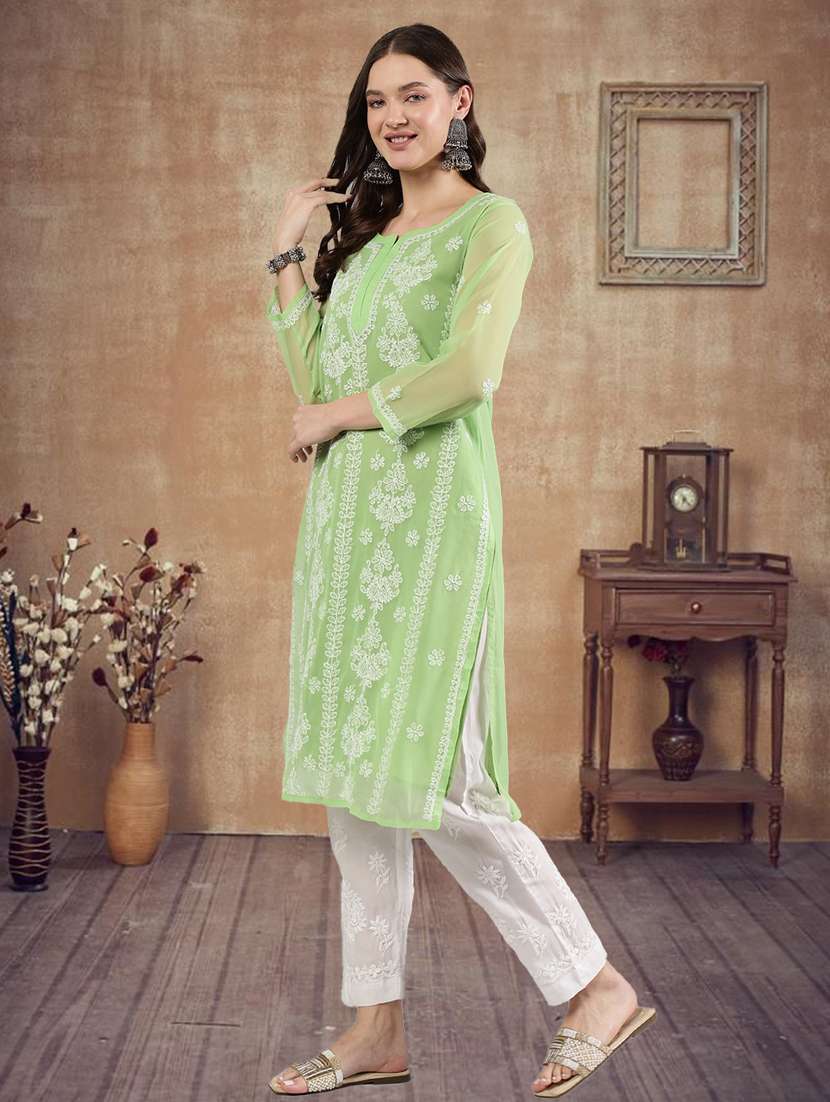 women three quarter sleeve straight chikankari kurta - 21906081 - Standard Image - 1