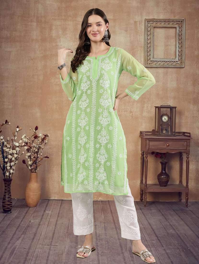 women three quarter sleeve straight chikankari kurta - 21906081 - Standard Image - 4