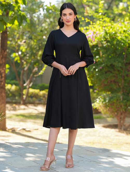 women black solid v neck fit & flare dress - 21906082 -  Standard Image - 0