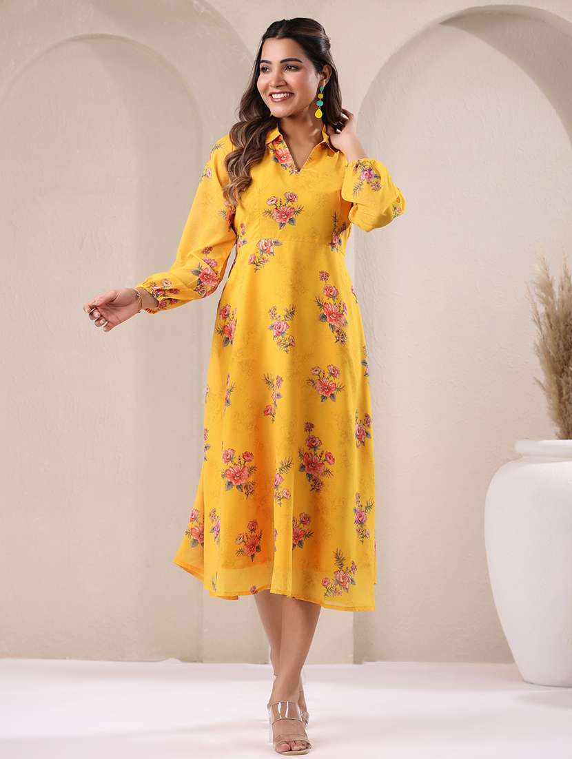 women mustard floral printed a-line dress - 21906083 -  Standard Image - 1