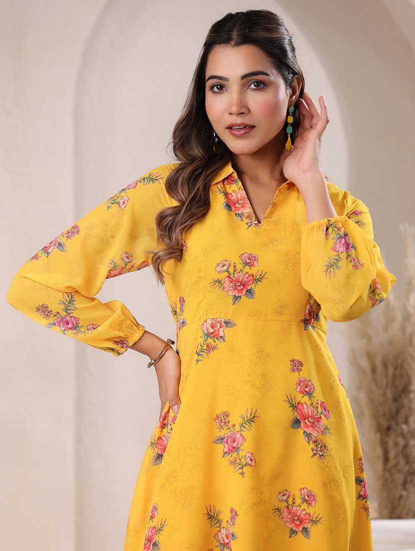 women mustard floral printed a-line dress - 21906083 -  Standard Image - 4