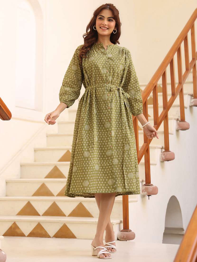 women olive printed three quarter sleeve a-line dress - 21906085 - Standard Image - 1