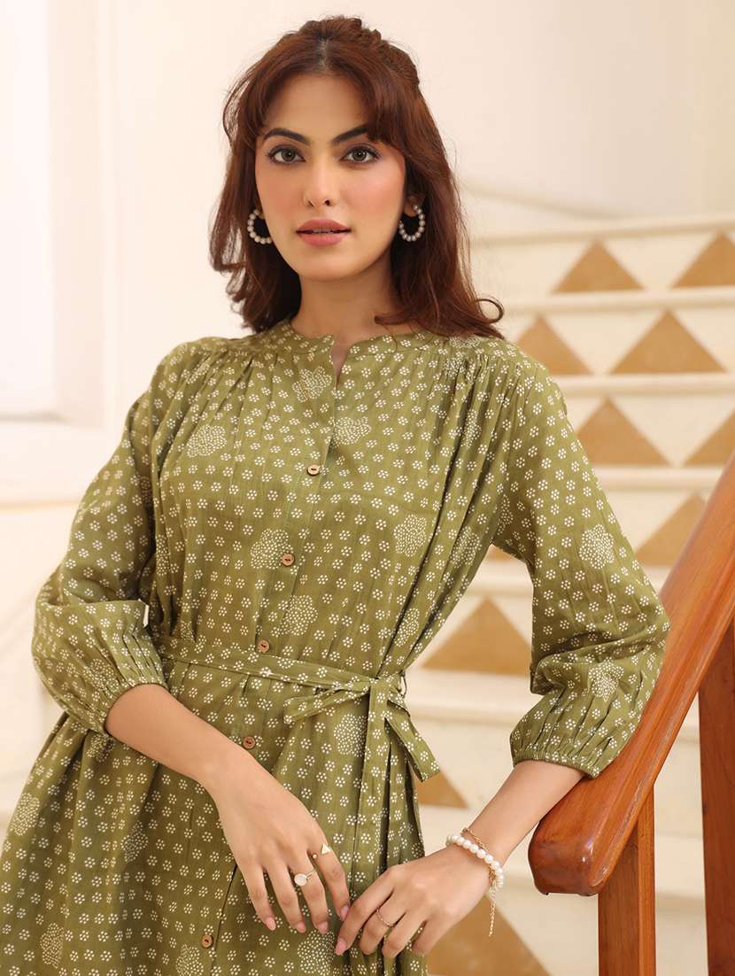 women olive printed three quarter sleeve a-line dress - 21906085 - Standard Image - 4