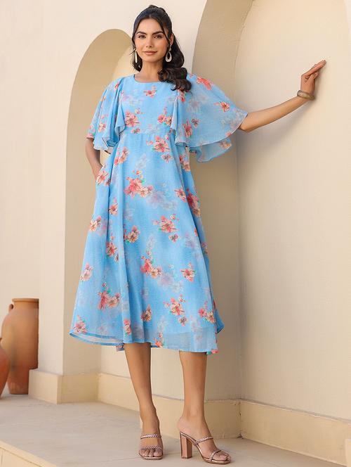 women blue floral printed flared sleeve a-line dress - 21906089 - Standard Image - 0