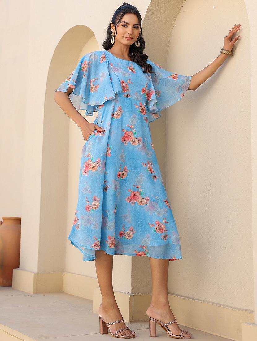 women blue floral printed flared sleeve a-line dress - 21906089 -  Standard Image - 1