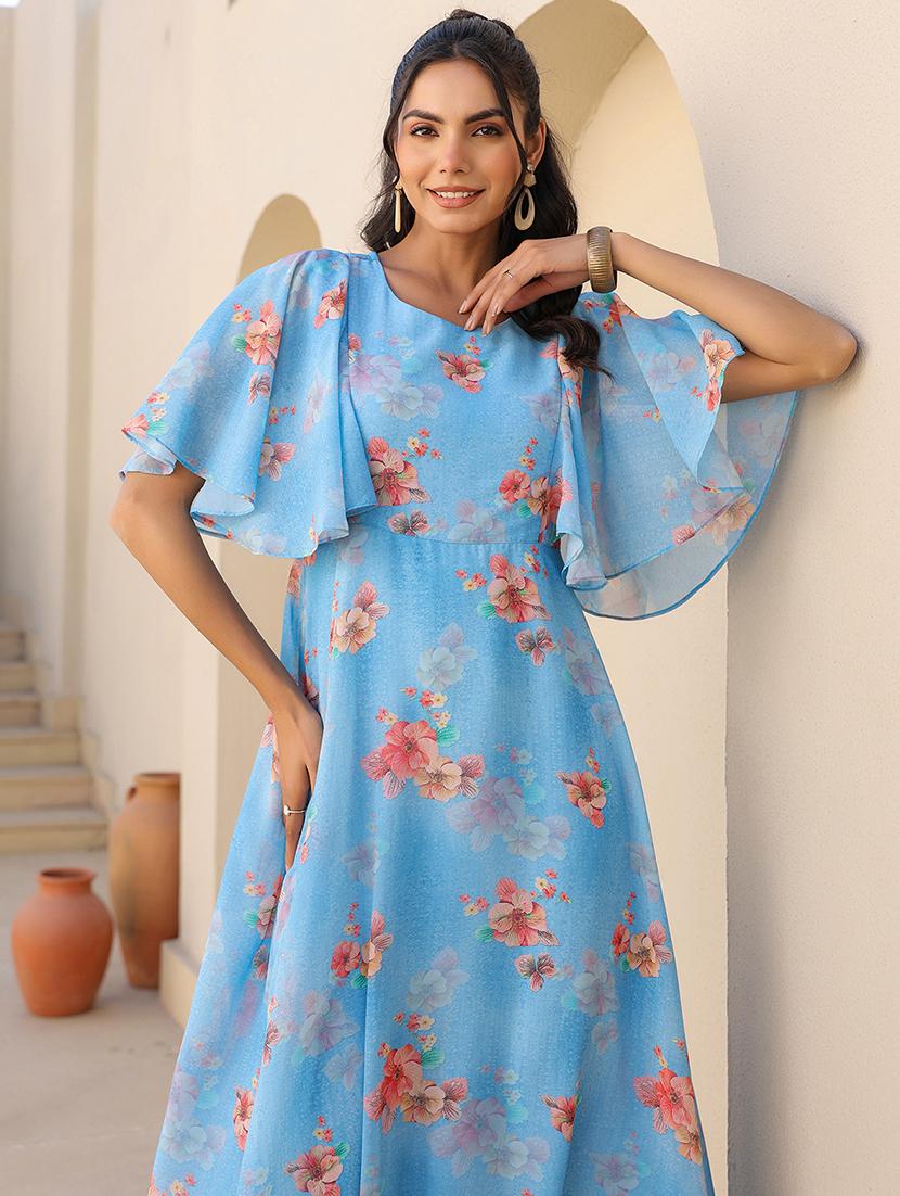 women blue floral printed flared sleeve a-line dress - 21906089 - Standard Image - 4