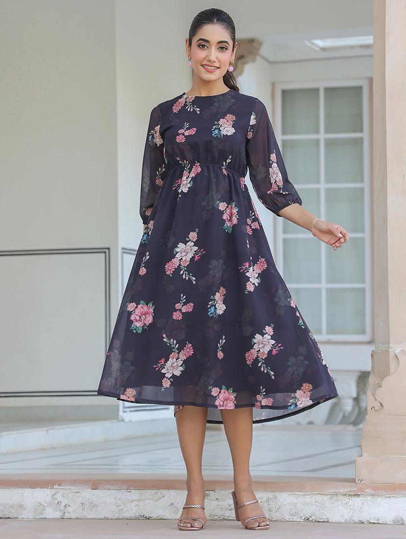 women navy blue floral printed round neck fit & flare dress - 21906090 - Standard Image - 1