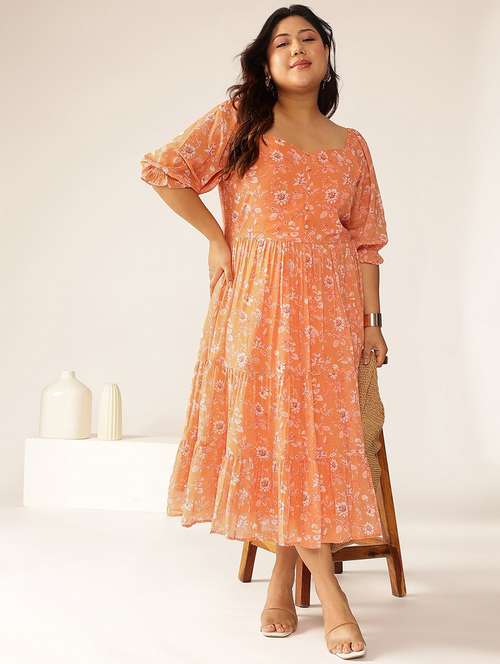 women plus size orange floral printed tiered dress - 21906094 -  Standard Image - 0