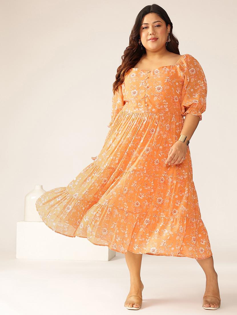 women plus size orange floral printed tiered dress - 21906094 - Standard Image - 1