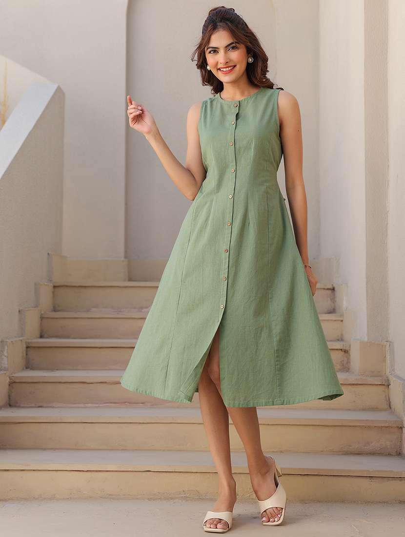 women green solid round neck a-line dress - 21906103 -  Standard Image - 1