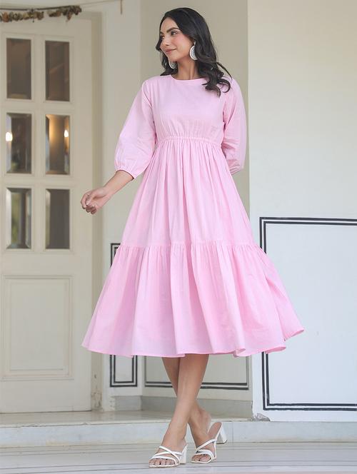 women pink solid three quarter sleeve tiered dress - 21906106 - Standard Image - 0