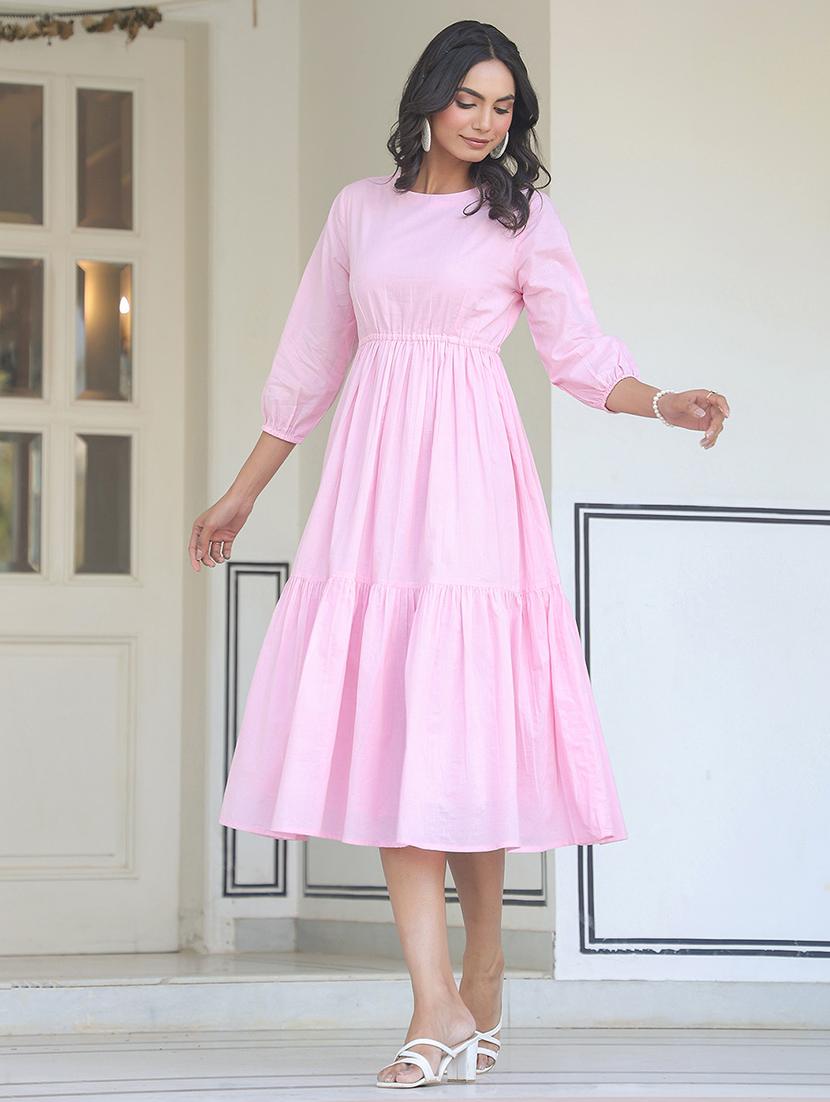 women pink solid three quarter sleeve tiered dress - 21906106 - Standard Image - 1