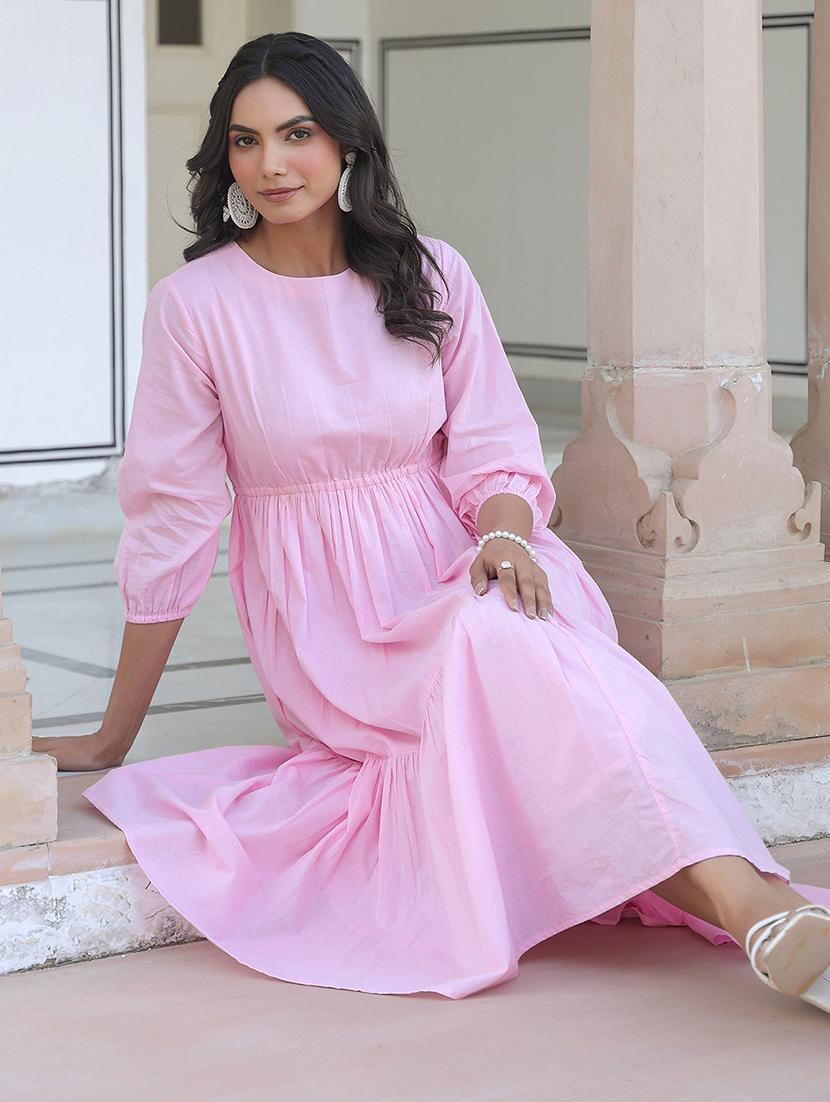 women pink solid three quarter sleeve tiered dress - 21906106 - Standard Image - 4