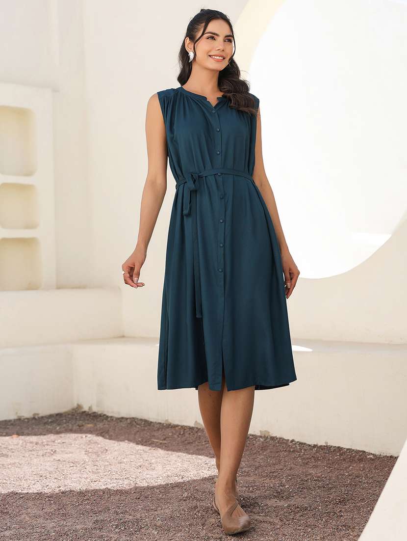 women solid mandarin neck sleeveless shirt dress