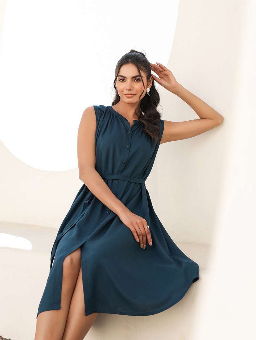 women solid mandarin neck sleeveless shirt dress - 21906108 - Standard Image - 4