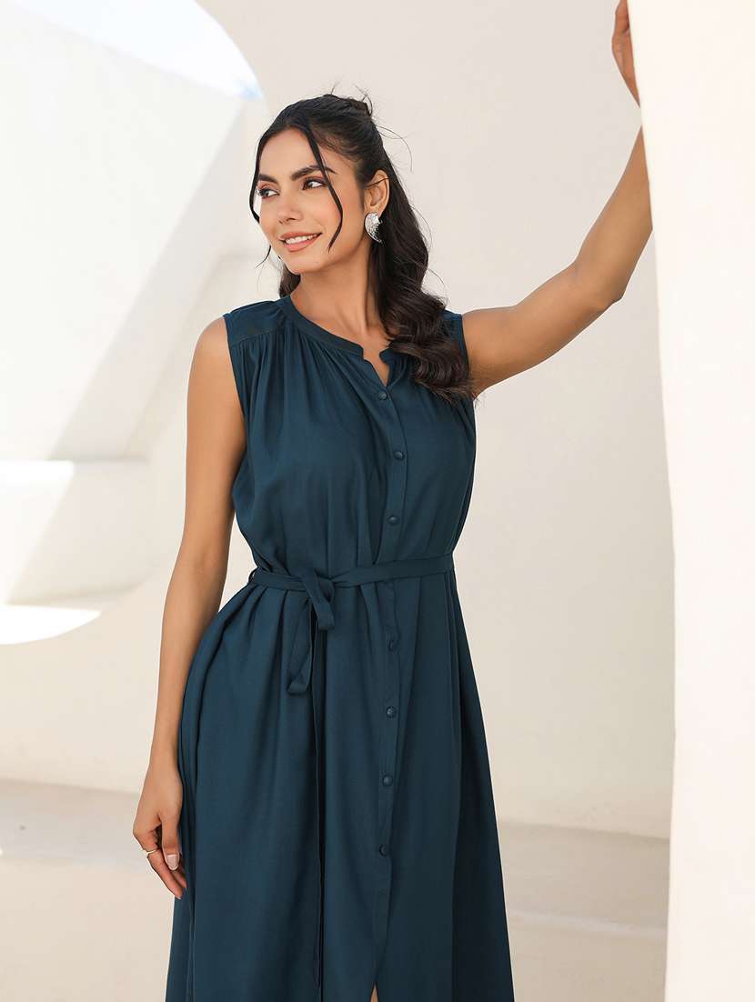 women solid mandarin neck sleeveless shirt dress - 21906108 - Standard Image - 6