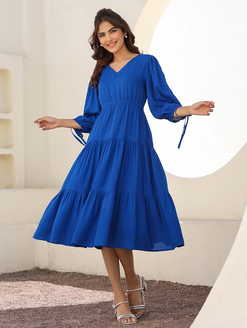 women blue solid v neck tiered dress  - 21906109 -  Standard Image - 1
